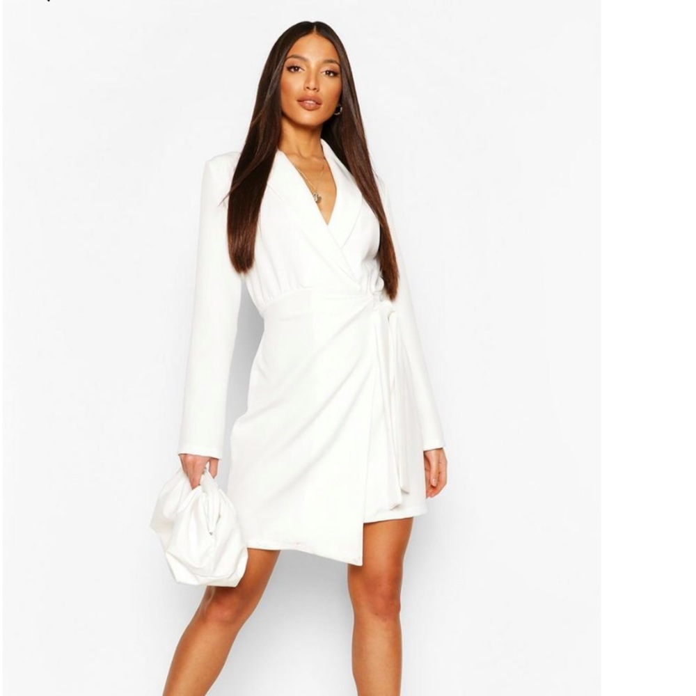TALL BOOHOO WOVEN RUCHED SIDE TIE BLAZER DRESS